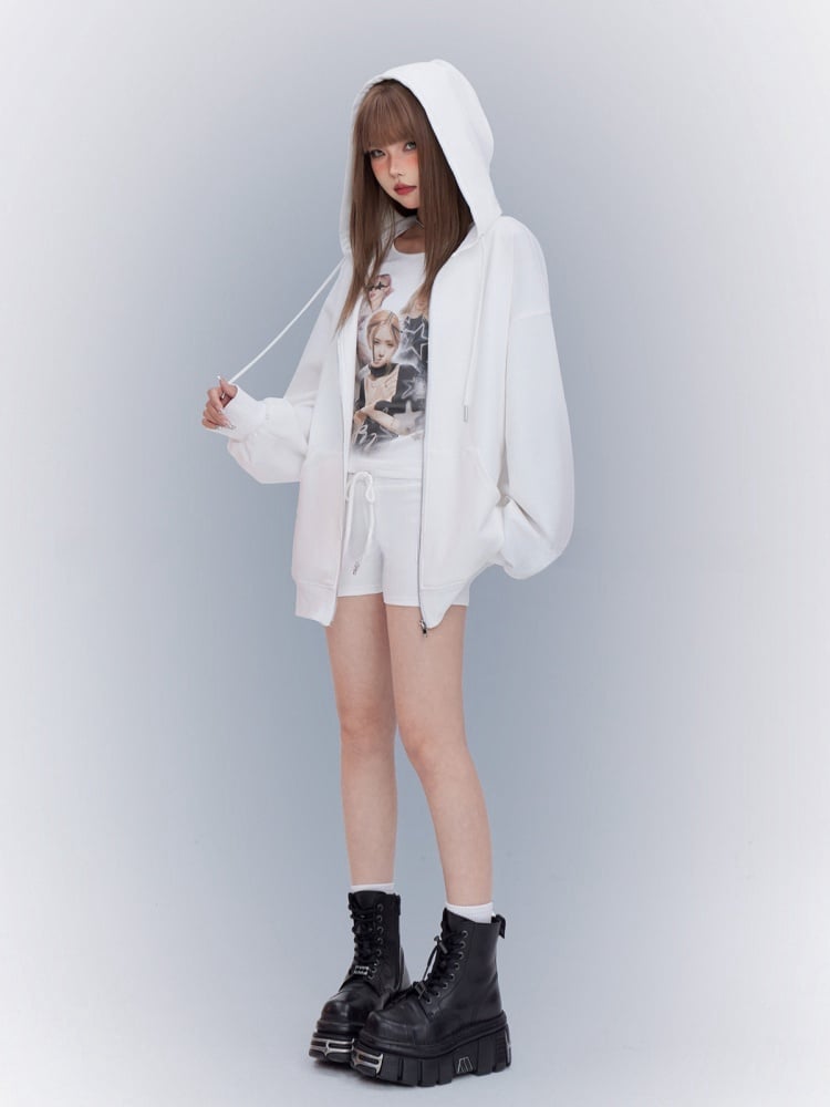 Sports Tank Three-pieces White Set-Zip Top+Shorts Closure Hoodie+Graphic