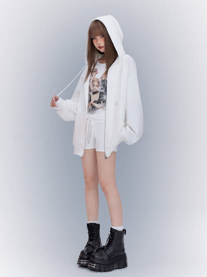 Sports Tank Three-pieces White Set-Zip Top+Shorts Closure Hoodie+Graphic