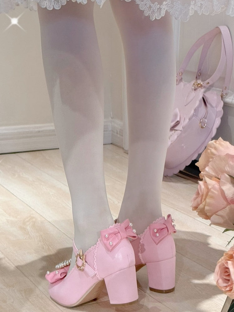 ジェーンズ ボウノット ラインストーン装飾 ラウンド メアリー ロリータ ディテール ビーズトゥ ピンク