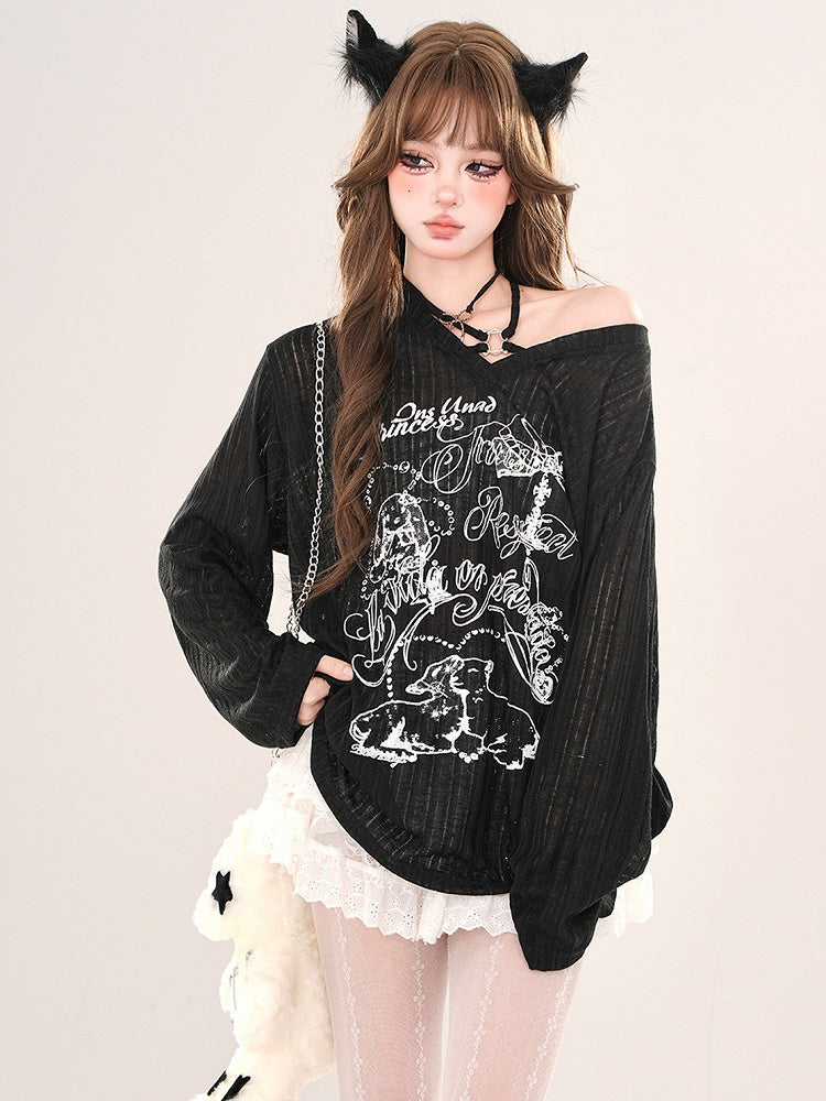 Locker sitzendes Neckholder-Stricktop mit Animalprint in Weiß/Schwarz