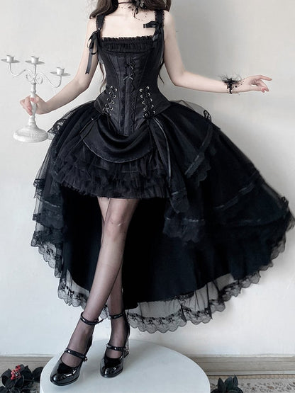 Tulle Top High-low Skirt Boned Lolita + Corset Black Layered Kuro