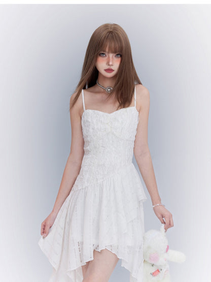 White Asymmetrical Waistline Handkerchief Hem Spaghetti Strap Dress