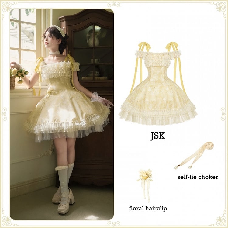 Light Versatile Full Dress Lolita JSK Neckline Floral Yellow Set and Butterfly Print