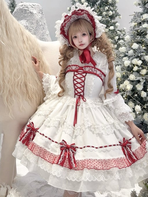 Weiß und Weinrot Schnürung Schleife Akzente Spitzenbesatz Süßes Prinzessinnenkleid Lolita Pulloverrock