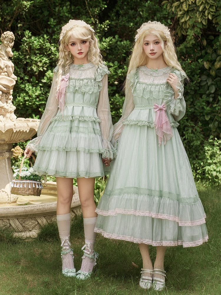 Green Illusion Neckline Blouse with Pink Lace Trim Dress & Brooch - With PUJI