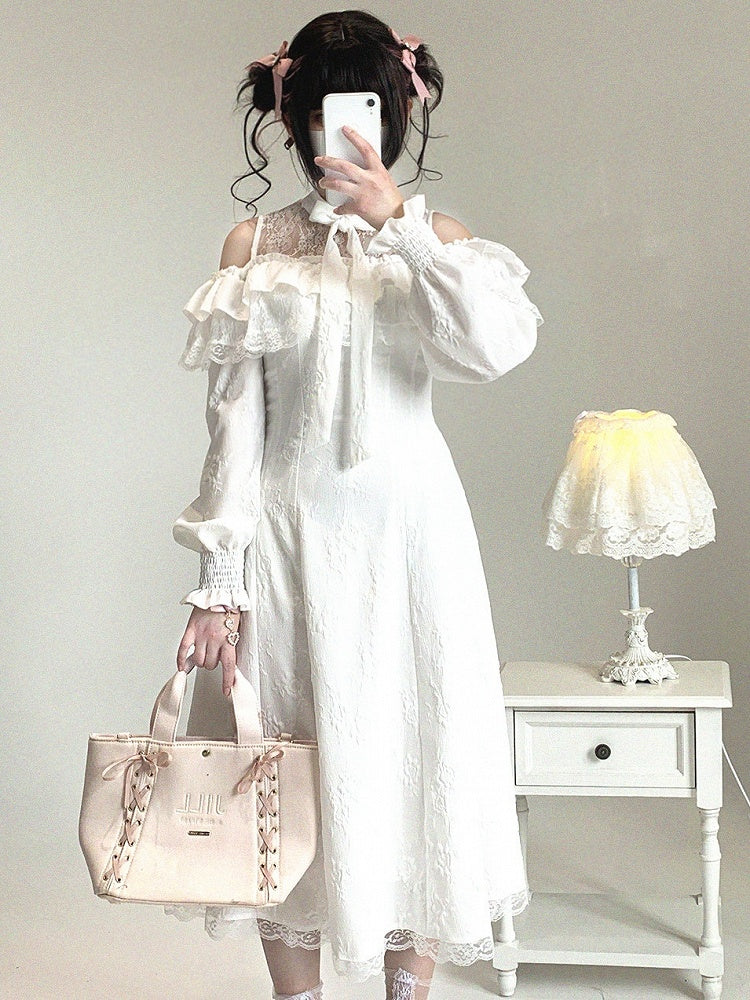 Cutout with Bow Lace Ruffled Shoulder Dress Rose Jirai and Jacquard White Long-Sleeve Kei