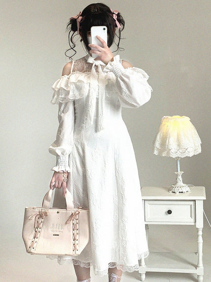 Cutout with Bow Lace Ruffled Shoulder Dress Rose Jirai and Jacquard White Long-Sleeve Kei