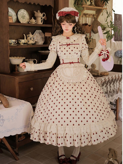 Long Beige and Red Polka Dot Puff-Sleeve Faux Layered Lolita OP Set with Apron - With PUJI