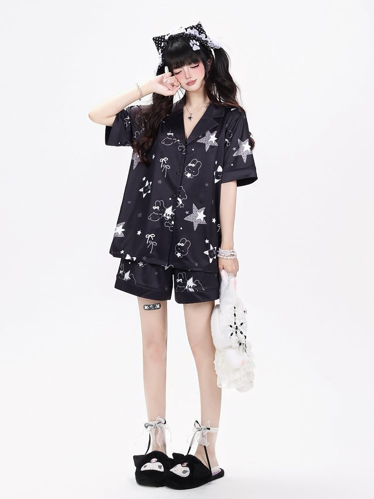 Black Daily Kawaii Bunny Print Loungewear Set Short Sleeve Top Shorts - CRAZY GIRL