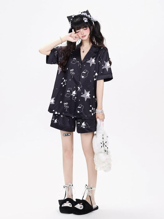 Ensemble de Loungewear Noir Kawaii Motif Lapin T-shirt Manches Courtes Short - CRAZY GIRL