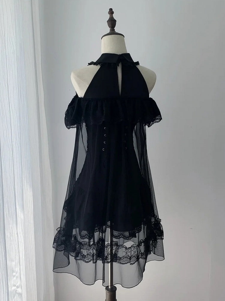 Cutout Shoulder Jirai Kei Dress in Black with Sheer Overlay, Lace & Bow Tie - Ekomi