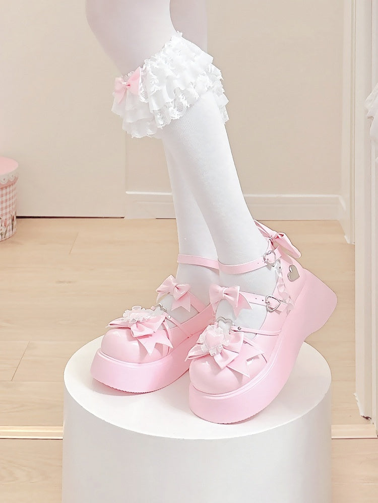 Bow Lace - Trim Heart Platform Details Janes Accents Sweet PU Pink Mary with Lolita