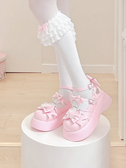 Bow Lace - Trim Heart Platform Details Janes Accents Sweet PU Pink Mary with Lolita