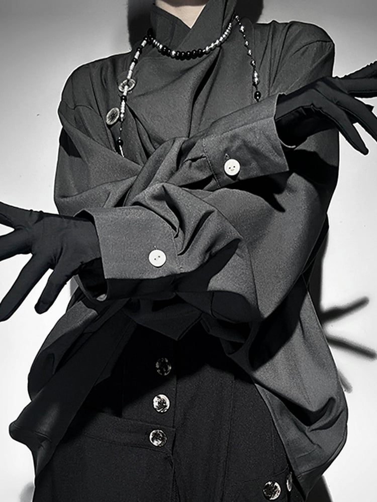 Button Collar Asymmetrical Placket with Gray Single Crossover Shirt Design