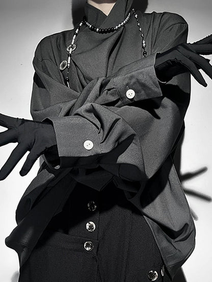 Button Collar Asymmetrical Placket with Gray Single Crossover Shirt Design
