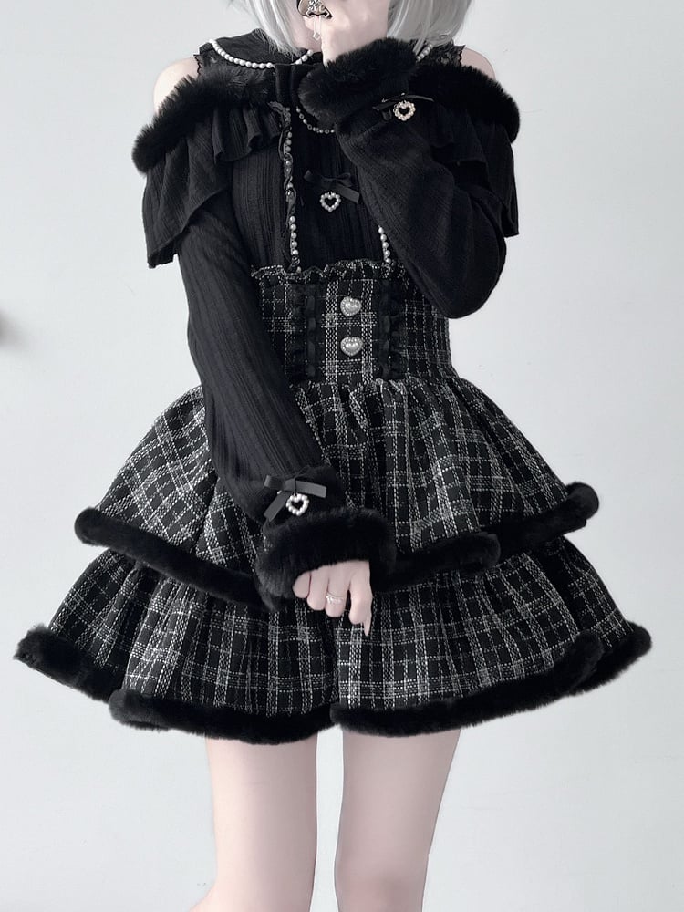 High Waist Tiered Skirt Double-Layered Plush Trim  Plaid Jirai Kei Pink/Black
