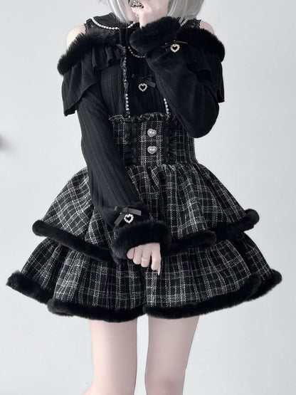 High Waist Tiered Skirt Double-Layered Plush Trim  Plaid Jirai Kei Pink/Black