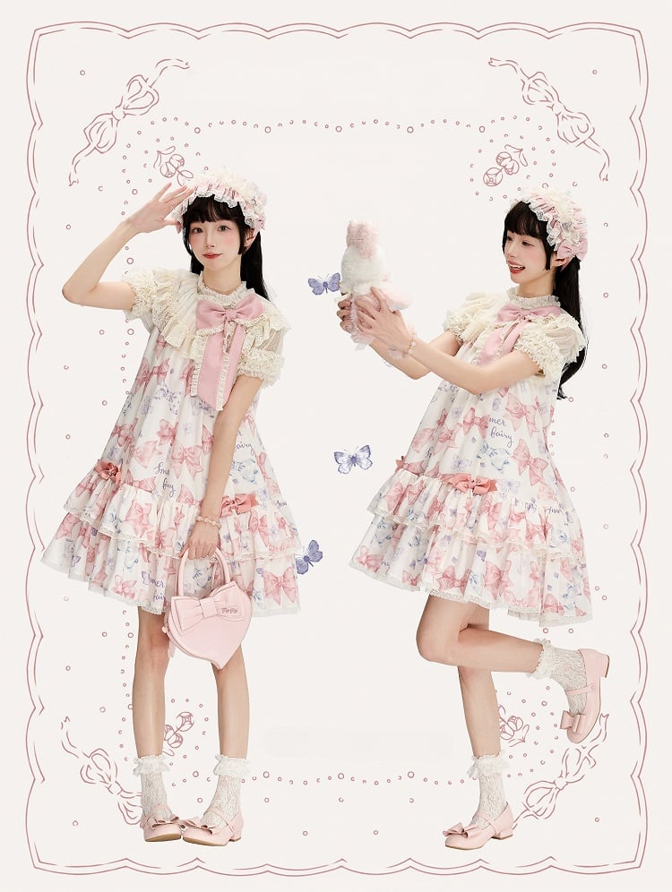 Pink Big Bowknot on Neckline Bows Double Layered Lolita Dress