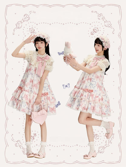 Pink Big Bowknot on Neckline Bows Double Layered Lolita Dress