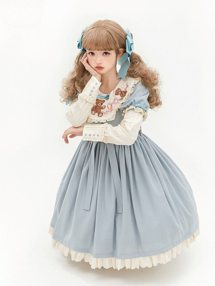 Bear Lace Trim Dresswith Teddy Embroidered Sleeves Puff Blue Neckline Lolita Sweet Mint