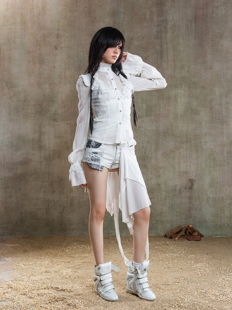 Beige Front Poet Semi-Sheer Blouse Chiffon Button Gothic Sleeves with