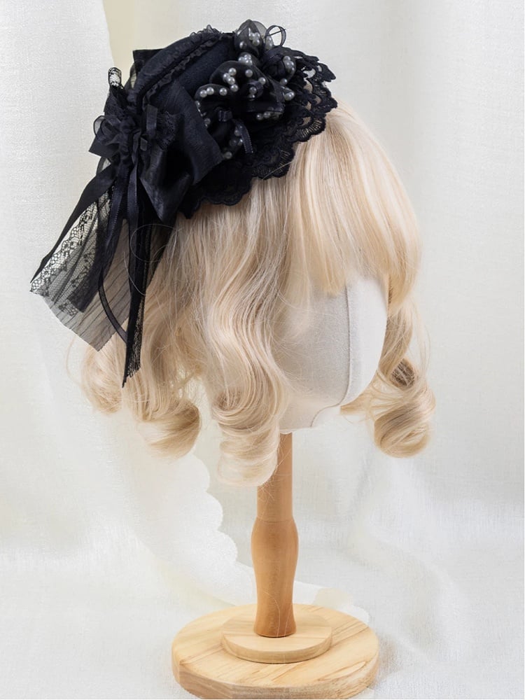 Gothic Hat Black Bow Mini Pearl Lace