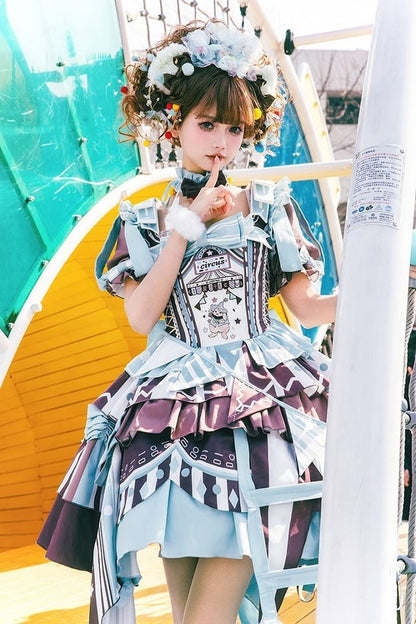 Brown Skirt Sleeves Detachable with Embroidery Dress Circus Lolita Jumper Bunny Blue Sweet Puff and