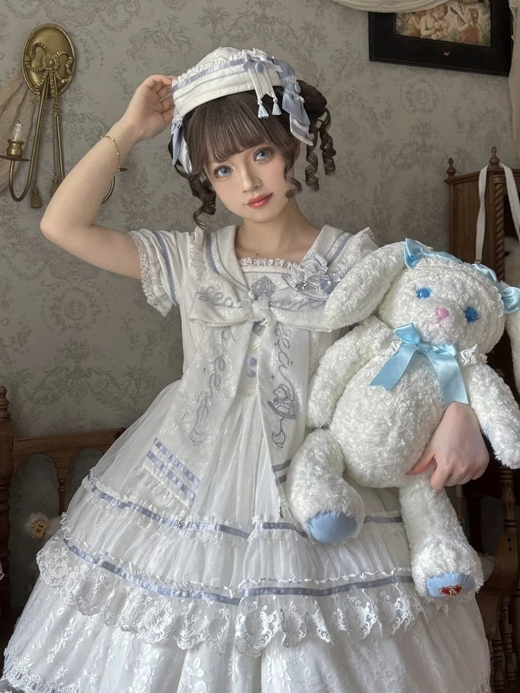 Ivory and Azure Lace Sailor Hat with Bows and Tassels - Honey Machine