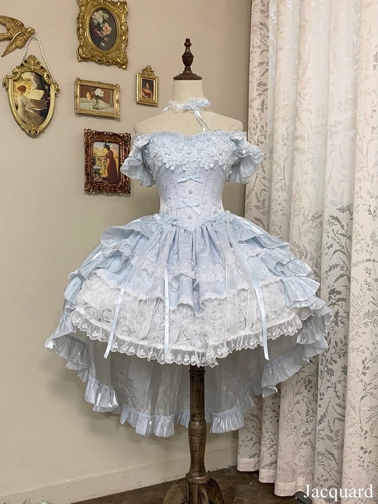 Hime Basque Flower Lace Layered Fluffy Lolita Dress Blooming with Blue Accents Waist | Sheer Ocean