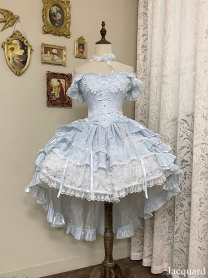 Hime Basque Flower Lace Layered Fluffy Lolita Dress Blooming with Blue Accents Waist | Sheer Ocean