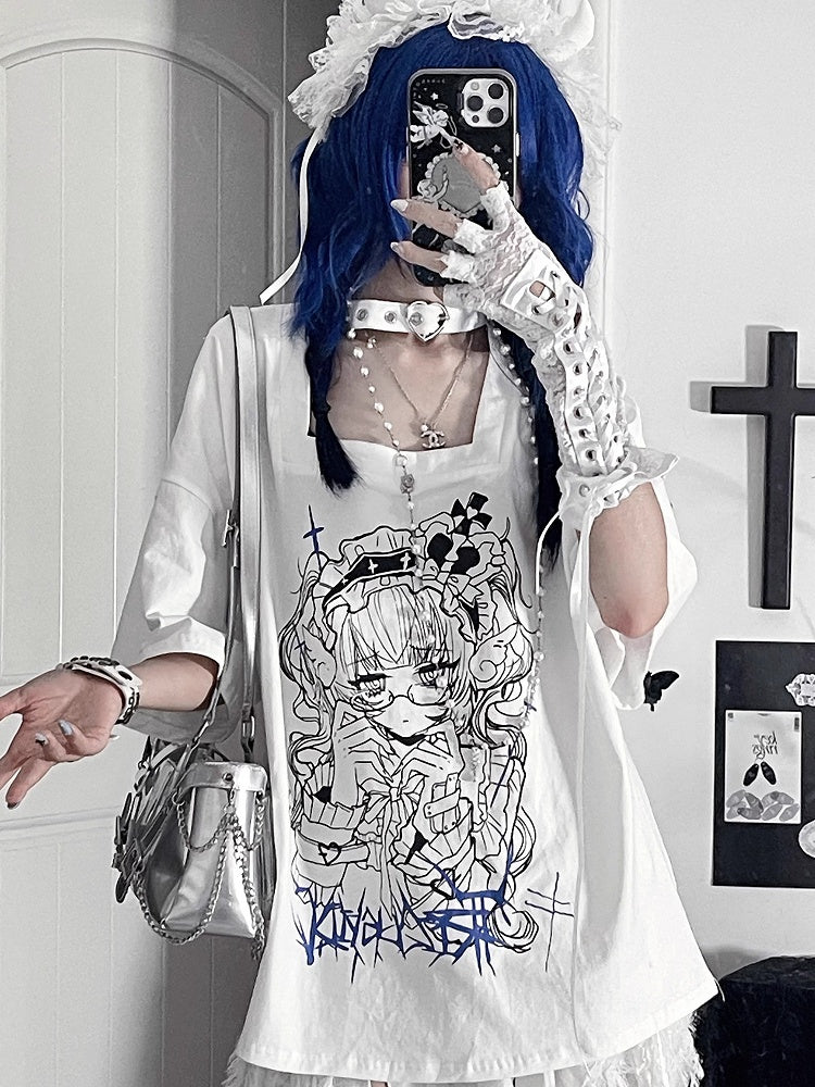 Back Square Neck Print Gothic Lace-UpAnime Sleeve White Topwith Short