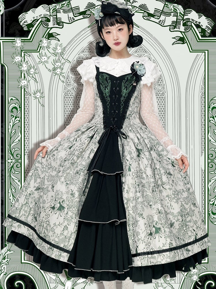 Green Forest Elegant with Print Animals Dress Lolita Bodice and Corset