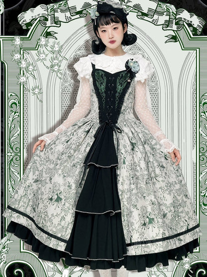Green Forest Elegant with Print Animals Dress Lolita Bodice and Corset