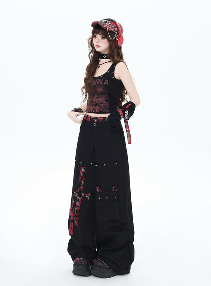 Black and Red Plaid Studs Detail Wide-Leg Pants