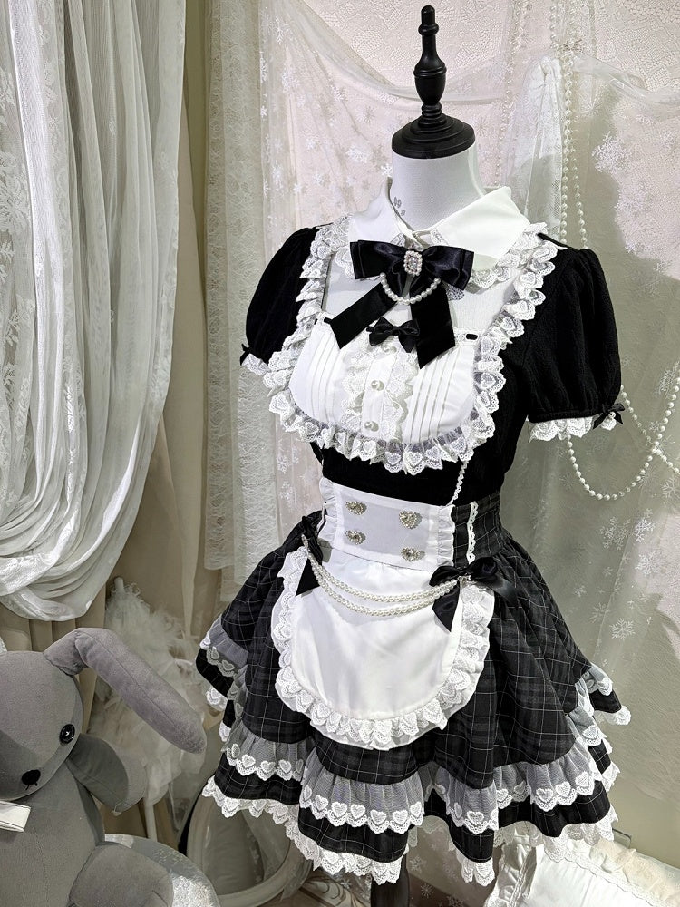 Bunny Ear Puff Sleeve Top with Lace & Bows, Black & White Maid Style - kukuwa