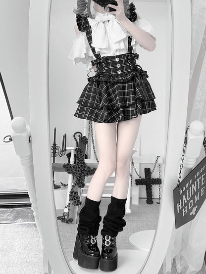 Skirt:Black Kei Plaid Straps Suspender High-Waistwith Detachable Convertible Jirai