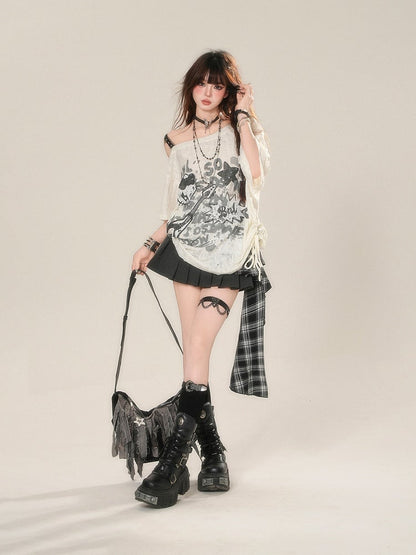 Lace Top Drawstring Graffiti Waist Apricot Print Asymmetrical Neckline