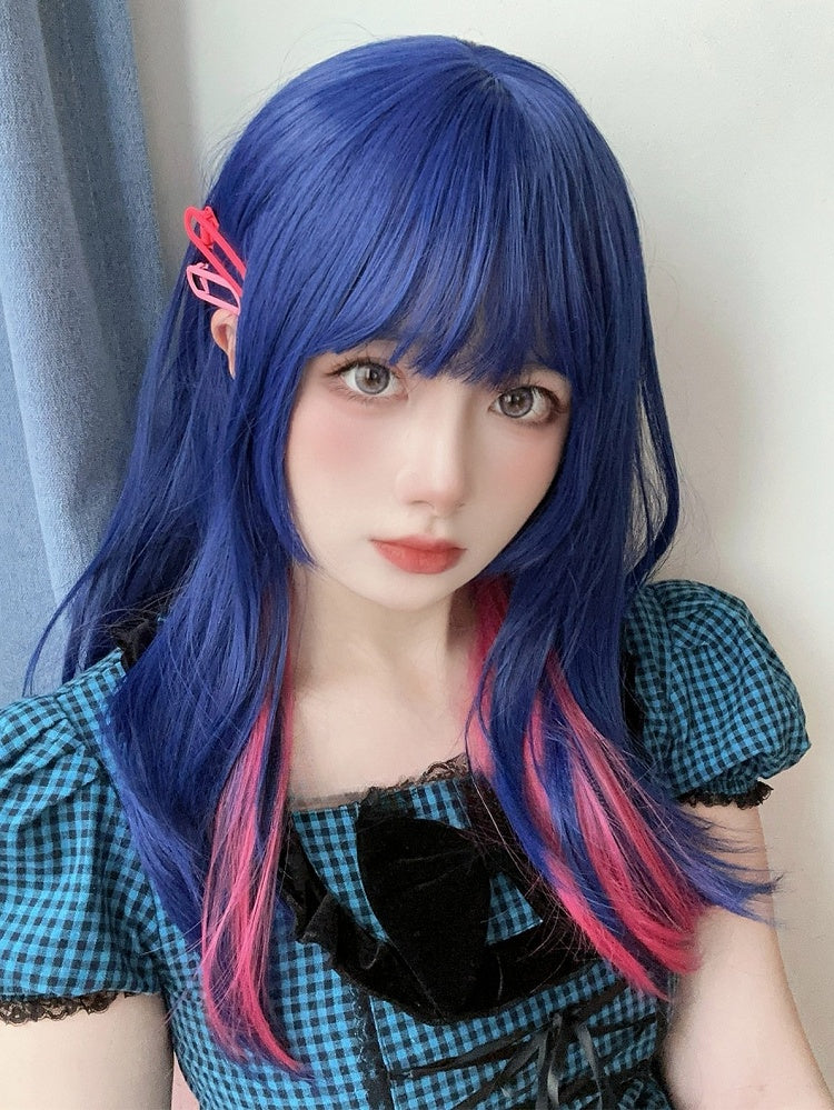 Und Länge Pony Rosa Highlight Mit Perücke 70CM Blau Gerade