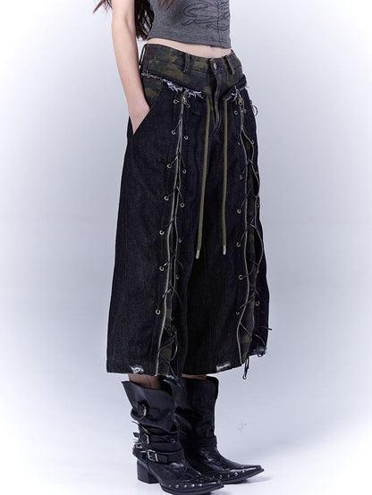 ダメージ加工ロックストレートレッグジーンズパンクカモフラージュレースアップフロント