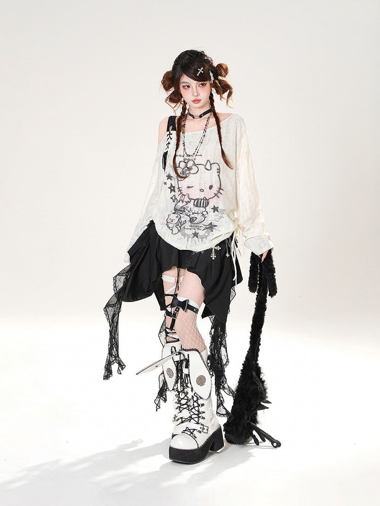 ディテールカスケーディングレースフリルスカートブラックレースアップ