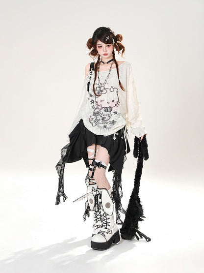 ディテールカスケーディングレースフリルスカートブラックレースアップ