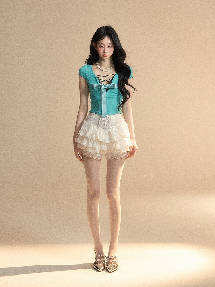 Blue Lace Trim V-Neck Cutout Tiffany Slim-fitting Back T-Shirt Big Bow