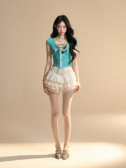 Blue Lace Trim V-Neck Cutout Tiffany Slim-fitting Back T-Shirt Big Bow