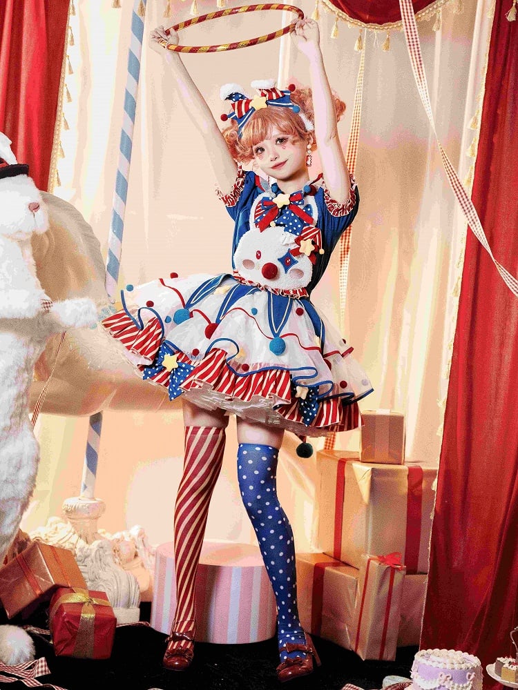 Lolita und Zirkus Pastell Clown Mieder Overalls Rotes Kleid Blau Dunkel Clowncore Bunny Fleece Süß