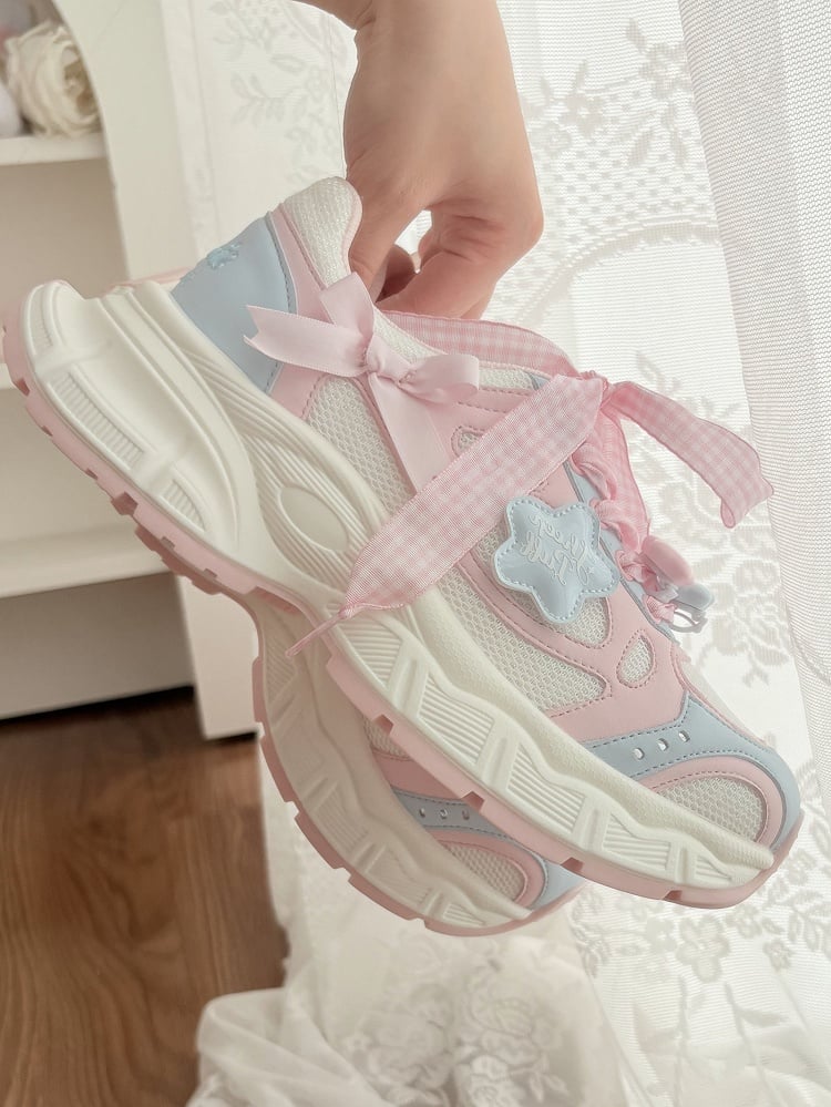 Sneakers Lolita Pink Pattern Plaid Sweet - Lace-Up Blue Closure
