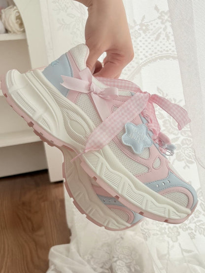 Sneakers Lolita Pink Pattern Plaid Sweet - Lace-Up Blue Closure