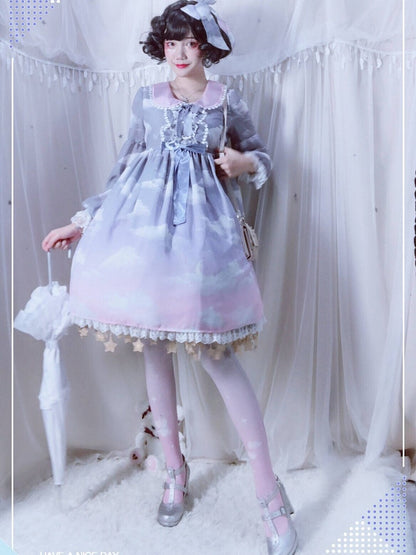 3 Colors Lolita Gradient Star & Cloud Print Tights