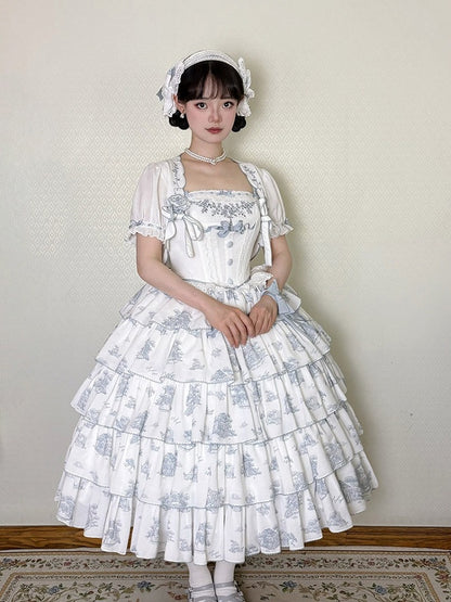 Blue & White Floral Print Lolita JSK with Bow Embellishments - CEL