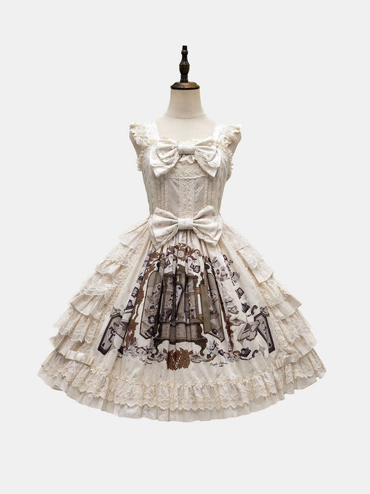 Beige and Brown Bunny Print Layered Ruffle Jumper Skirt with Bows - NnSTAR