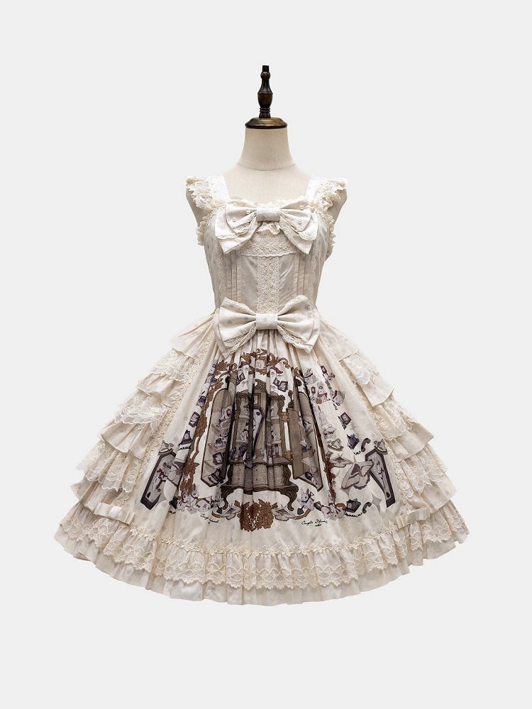 Beige Brown Bunny Print Ruffle Sweet Lolita Jumper Skirt with Bows - NnSTAR